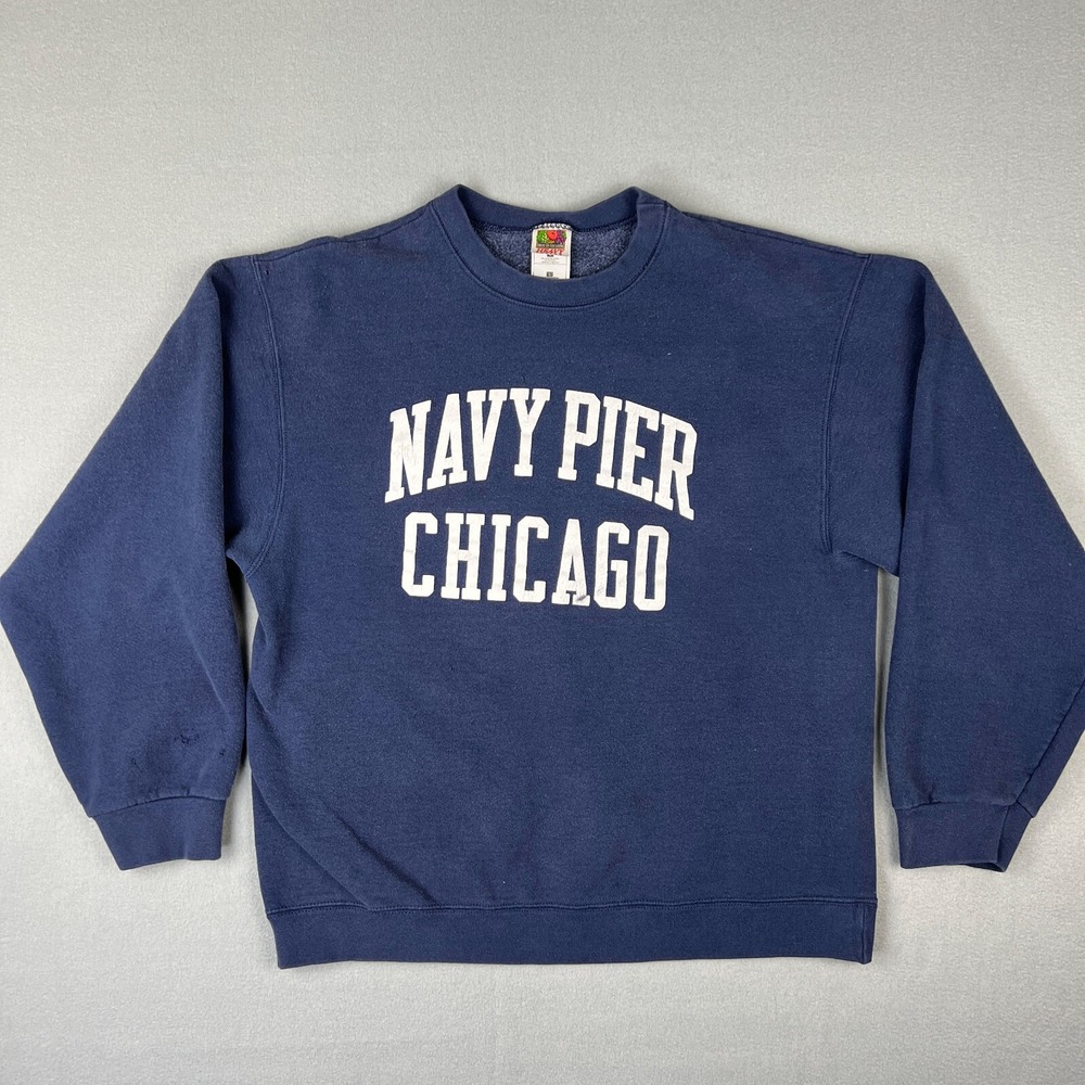 VTG Navy Pier Chicago Sweatshirt Fits Medium Distressed Crew Neck Blue 1990s‎